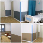 Four pictures of a hospital room with a bed and a bedside table featuring beige-colored Warrior PVC Corner Guards, angled at 90 degrees for added protection.