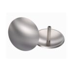 A pair of stainless steel knobs on a white background.