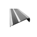 A metal stair tread with a rubber insert on a white background.