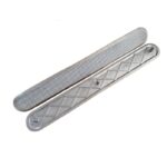 A pair of Warrior SS Tactile Strip 35MM Width 280MM Length Pin Type Diamond Top ATS28035SS-D-PIN metal handles on a white background.