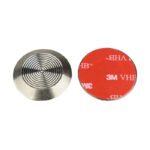A metal circle with a red sticker on it. Featuring the Warrior SS Tactile Stud 30MM Dia 4MM Height Double Sided Ring Top ATS30SS-R-ADH for a warrior aesthetic.