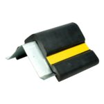 A black and yellow Warrior Rubber Corner Guard, RCG100BYGI, in a plastic holder on a white background.