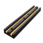 The RWG20050-BY, a black and yellow plastic bar with a yellow stripe, is a durable Warrior rubber wall guard.