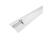 An image of a white strip of PVC skirting on a white background.