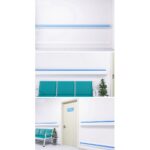 Four pictures of a waiting room with a blue chair and a blue wall featuring the AHR6169B Warrior PVC Handrail.