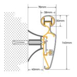 A diagram displaying the dimensions of a Warrior PVC Handrail door handle with a height of 140MM, available in beige.