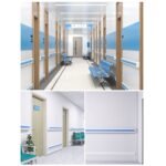 Four pictures of a hospital waiting room featuring blue and white walls.