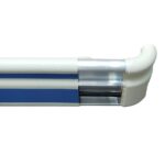 A white and blue plastic rail on a white background with a Warrior PVC End Cap 160MM Height For AHR6169B.