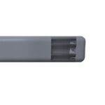A sleek gray door handle on a white background.