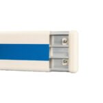 A white and blue barrier with a blue stripe, made of PVC material and equipped with an AWG6159A PVC end cap.