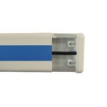 A white and blue door with a blue stripe, made of PVC material.