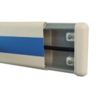 A white and blue door with a blue stripe made of PVC.