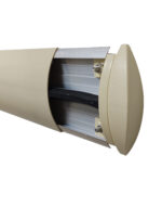 A beige plastic tube with a black handle made of Warrior PVC End Cap 125MM Height For ECAWG6129B.