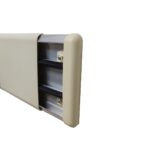 A close up of a beige shelf with metal handles and a PVC End Cap.