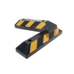 A pair of yellow and black striped rubber bumpers on a white background.