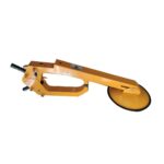 A Warrior Steel Wheel Clamp 30CM Height 30CM Width 90CM Length Yellow with a handle and a steel wheel clamp on a white background.